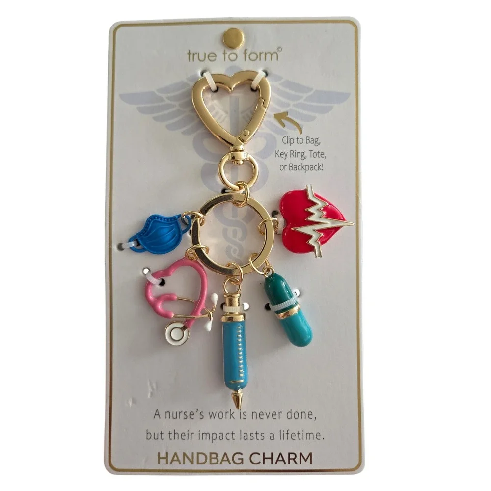 True To Form Nurse Handbag Charm Keychain Medical Stethoscope Syringe Gold Tone